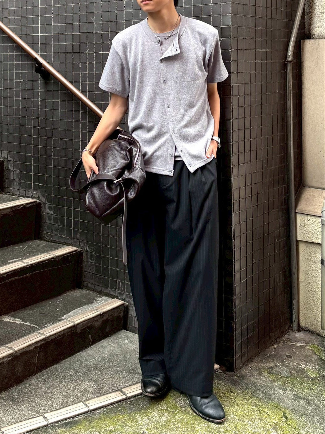 受注制【Chikashitsu +】sleek layered button half sleeve tee (4color)