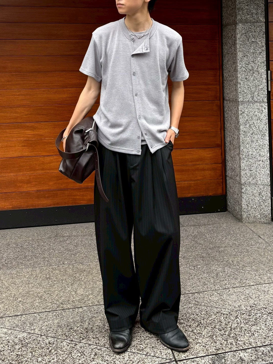 受注制【Chikashitsu +】sleek layered button half sleeve tee (4color)