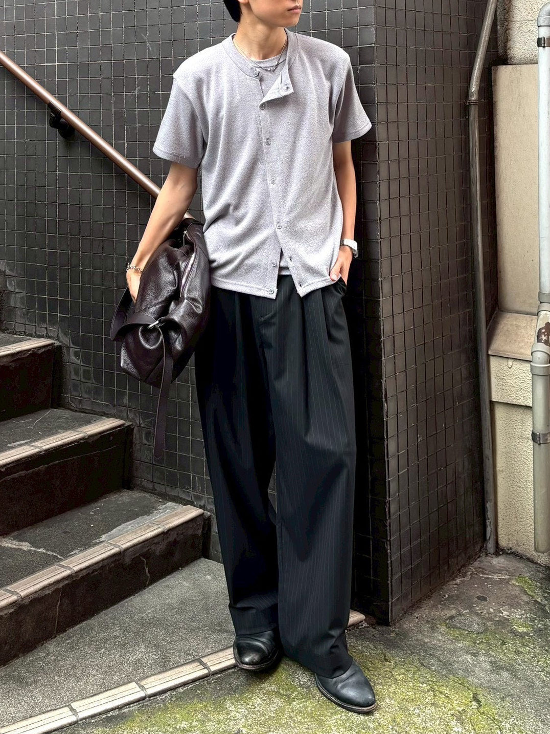 受注制【Chikashitsu +】sleek layered button half sleeve tee (4color)