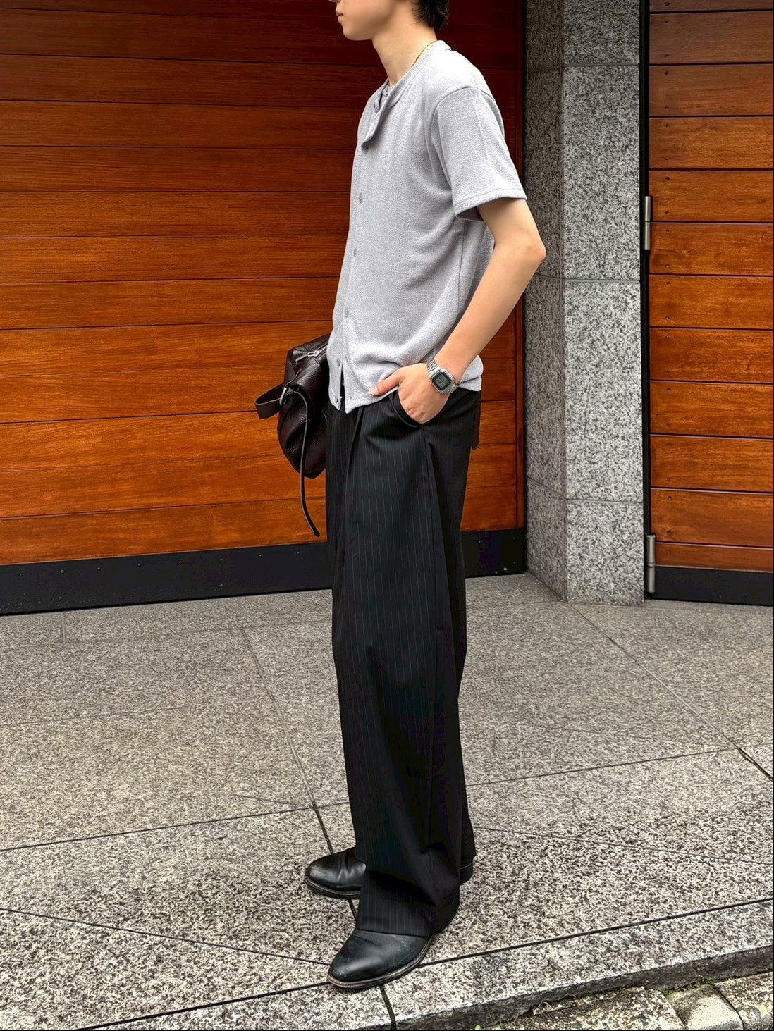 受注制【Chikashitsu +】sleek layered button half sleeve tee (4color)