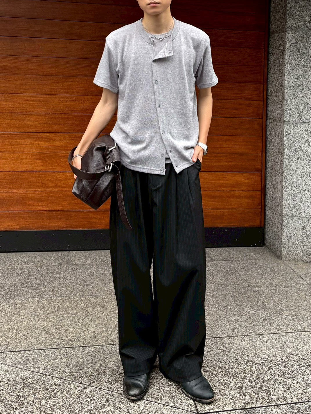 受注制【Chikashitsu +】sleek layered button half sleeve tee (4color)