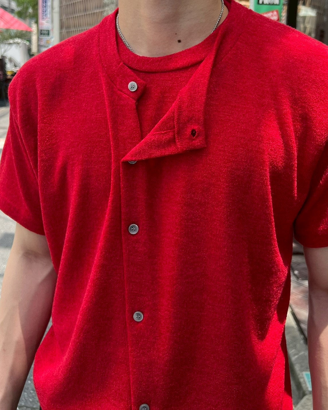 受注制【Chikashitsu +】sleek layered button half sleeve tee (4color)