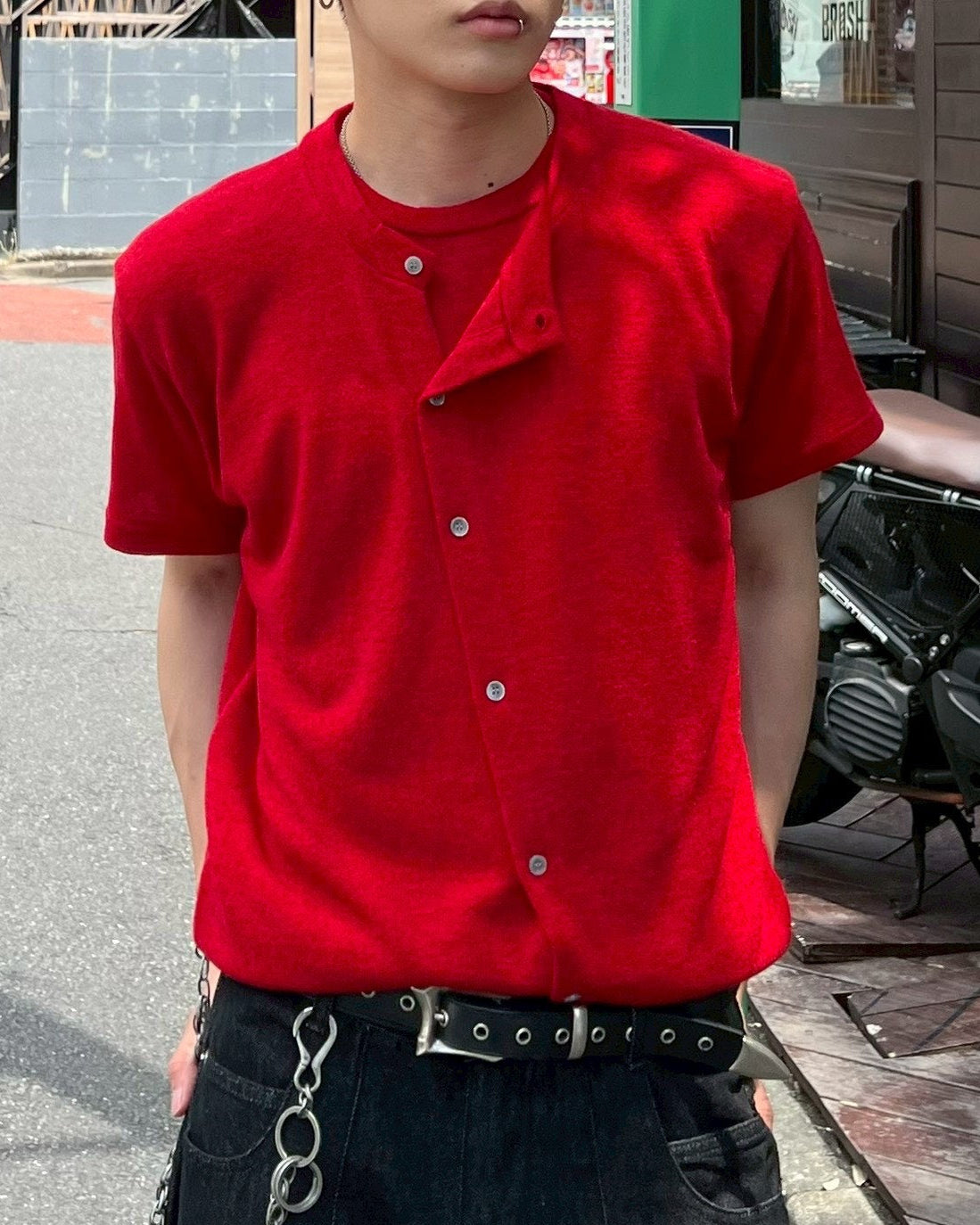 受注制【Chikashitsu +】sleek layered button half sleeve tee (4color)