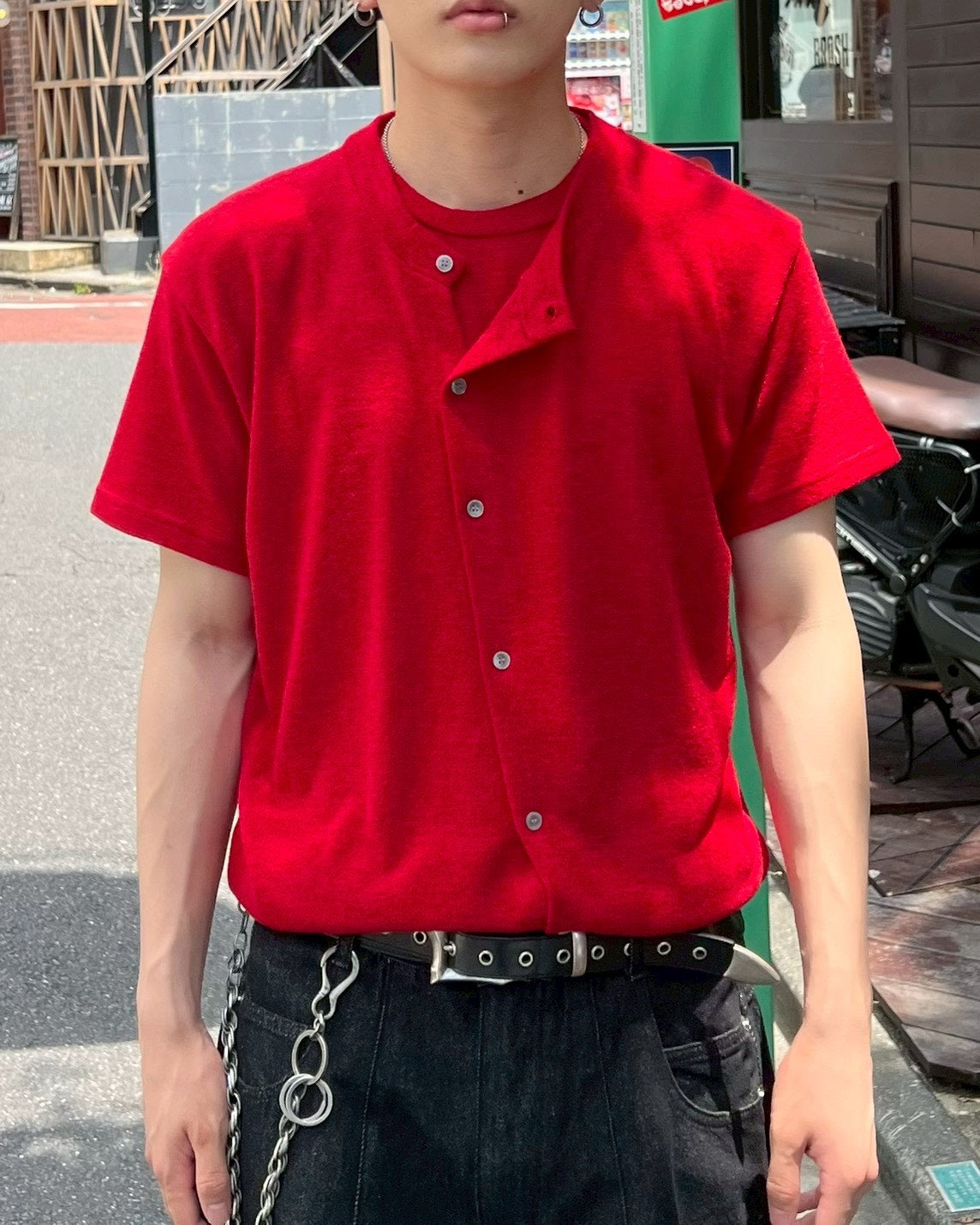 受注制【Chikashitsu +】sleek layered button half sleeve tee (4color)