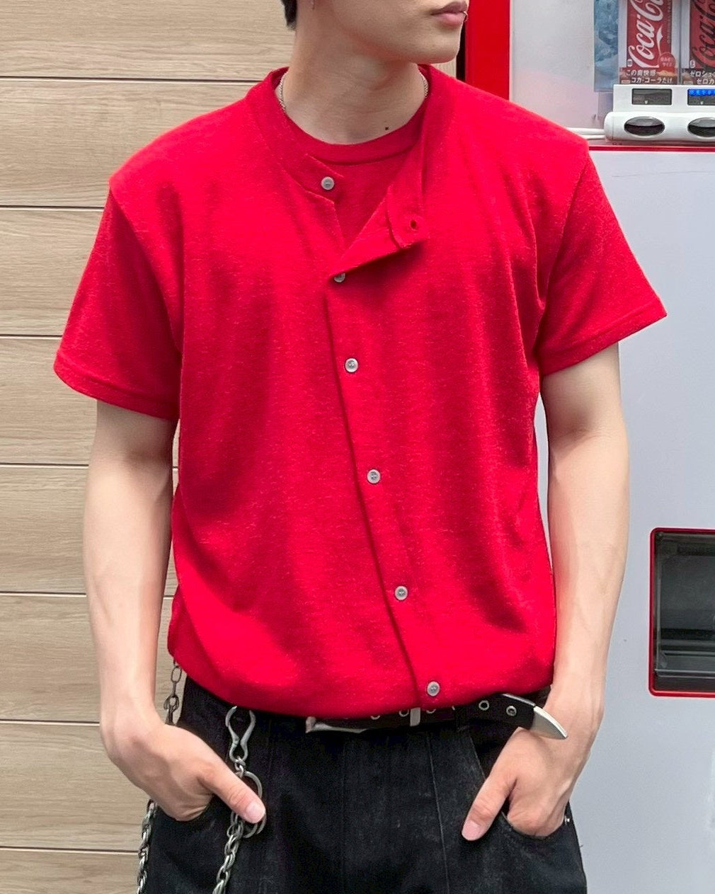 受注制【Chikashitsu +】sleek layered button half sleeve tee (4color)