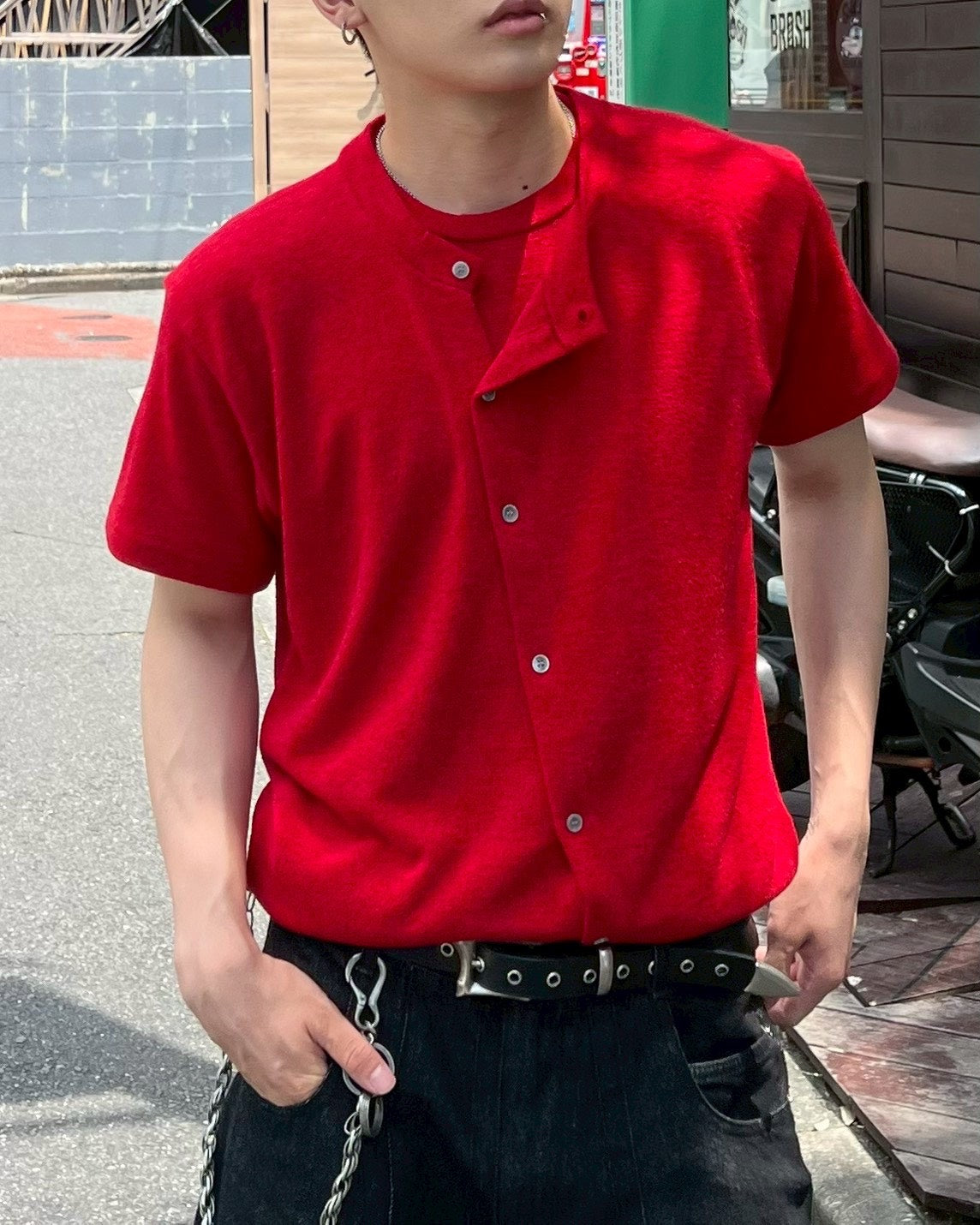 受注制【Chikashitsu +】sleek layered button half sleeve tee (4color)