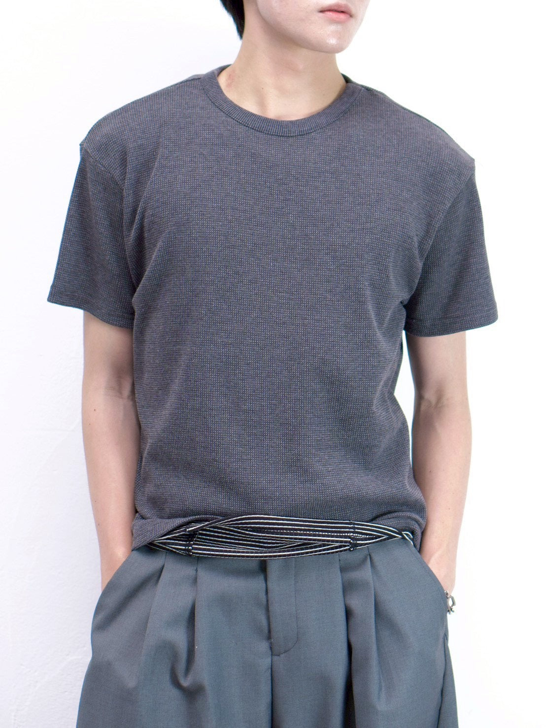 受注制【Chikashitsu +】waffle cropped half sleeve tee (4color)