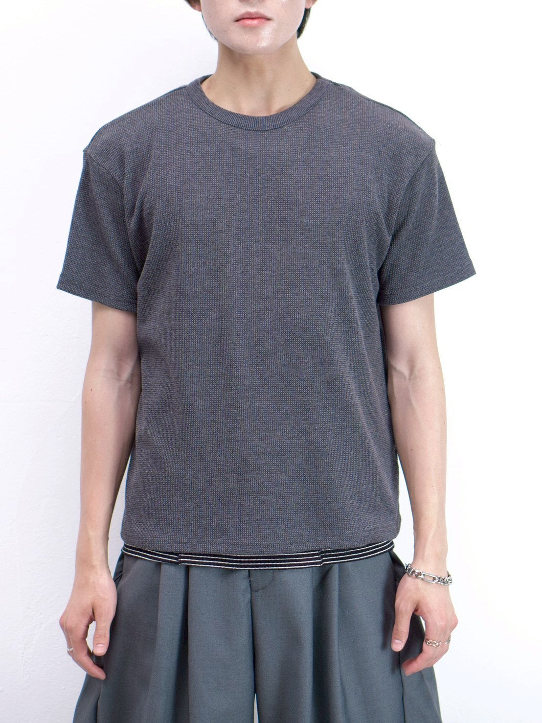 受注制【Chikashitsu +】waffle cropped half sleeve tee (4color)