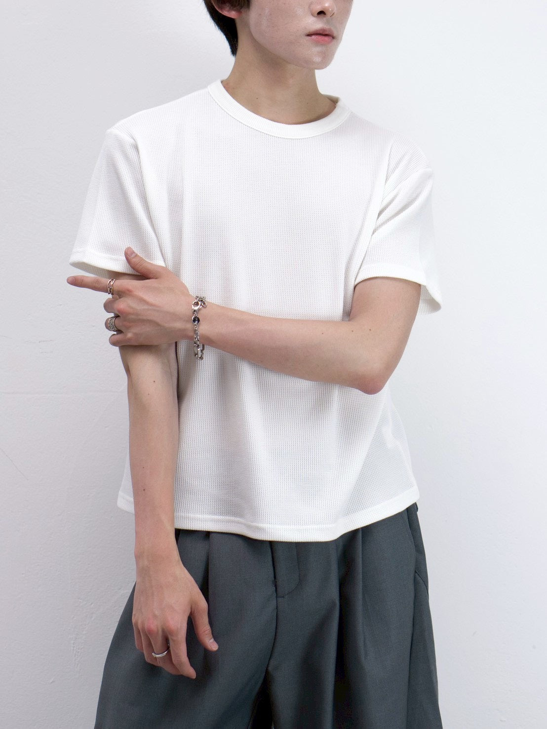 受注制【Chikashitsu +】waffle cropped half sleeve tee (4color)