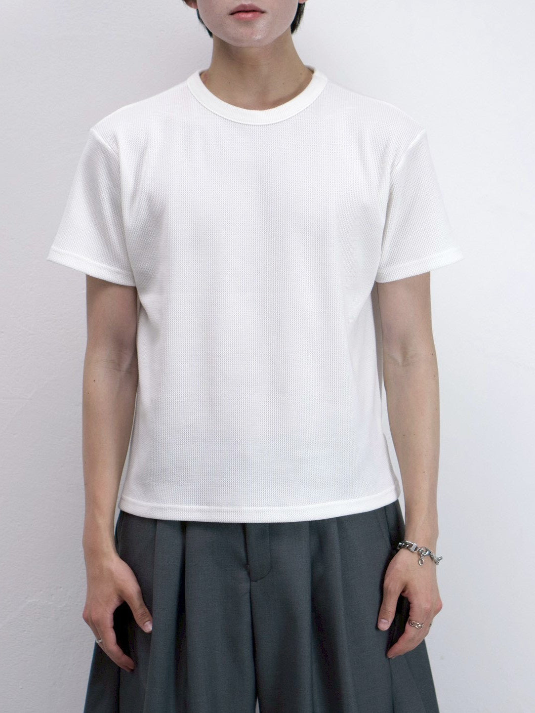 受注制【Chikashitsu +】waffle cropped half sleeve tee (4color)