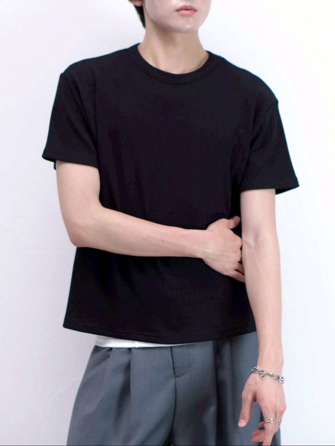受注制【Chikashitsu +】waffle cropped half sleeve tee (4color)