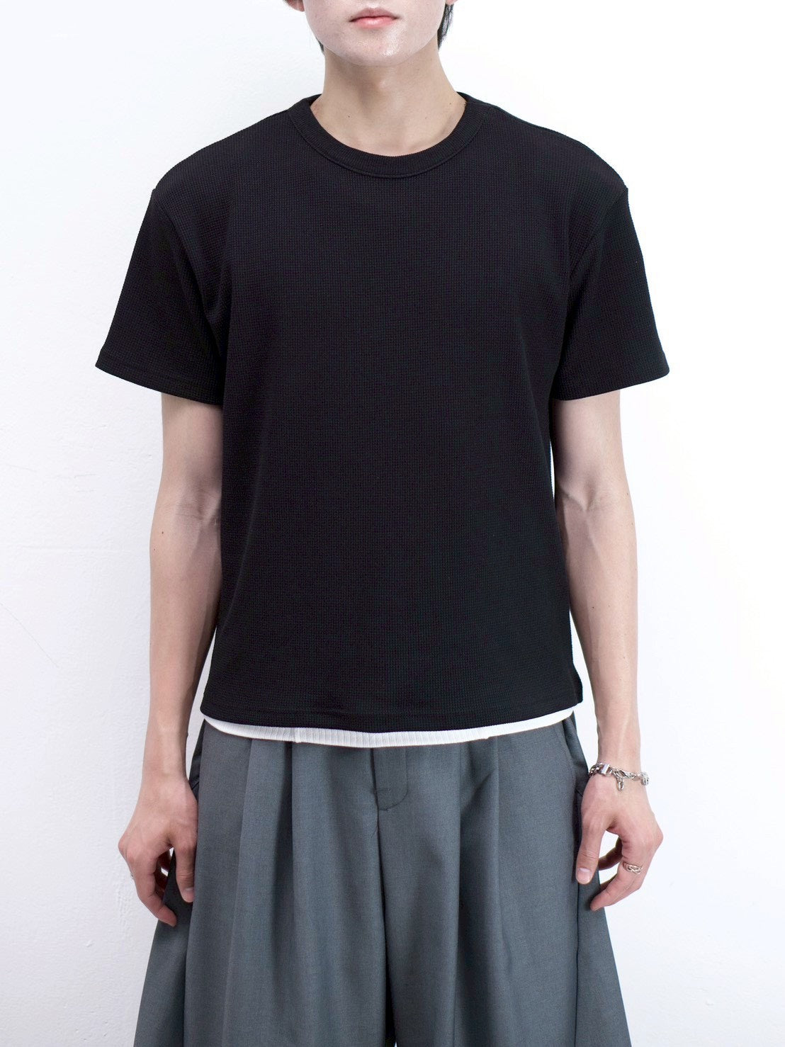 受注制【Chikashitsu +】waffle cropped half sleeve tee (4color)