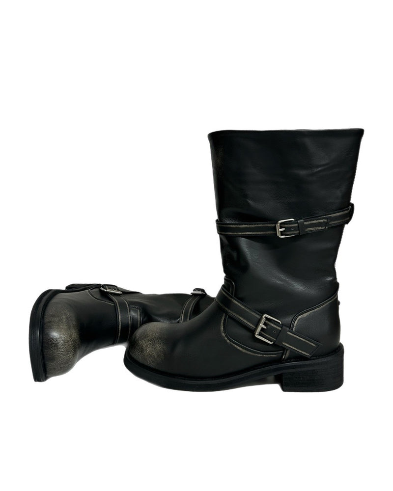 受注制【OaKS】vintage wash 2-belt biker boots