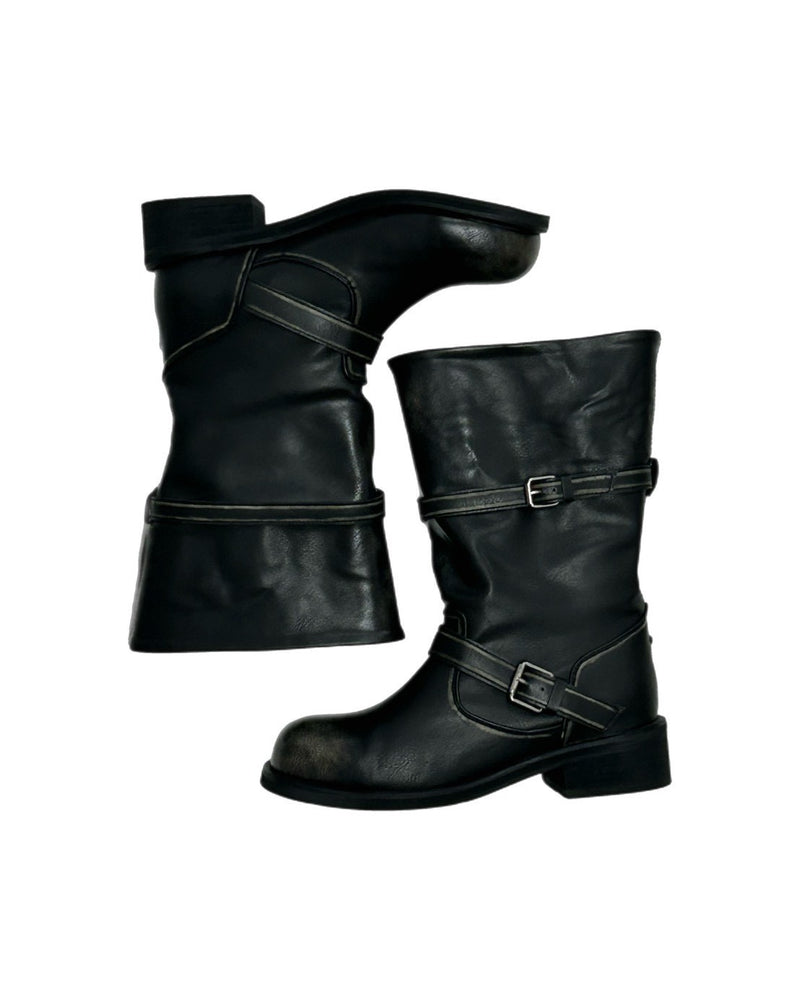 受注制【OaKS】vintage wash 2-belt biker boots