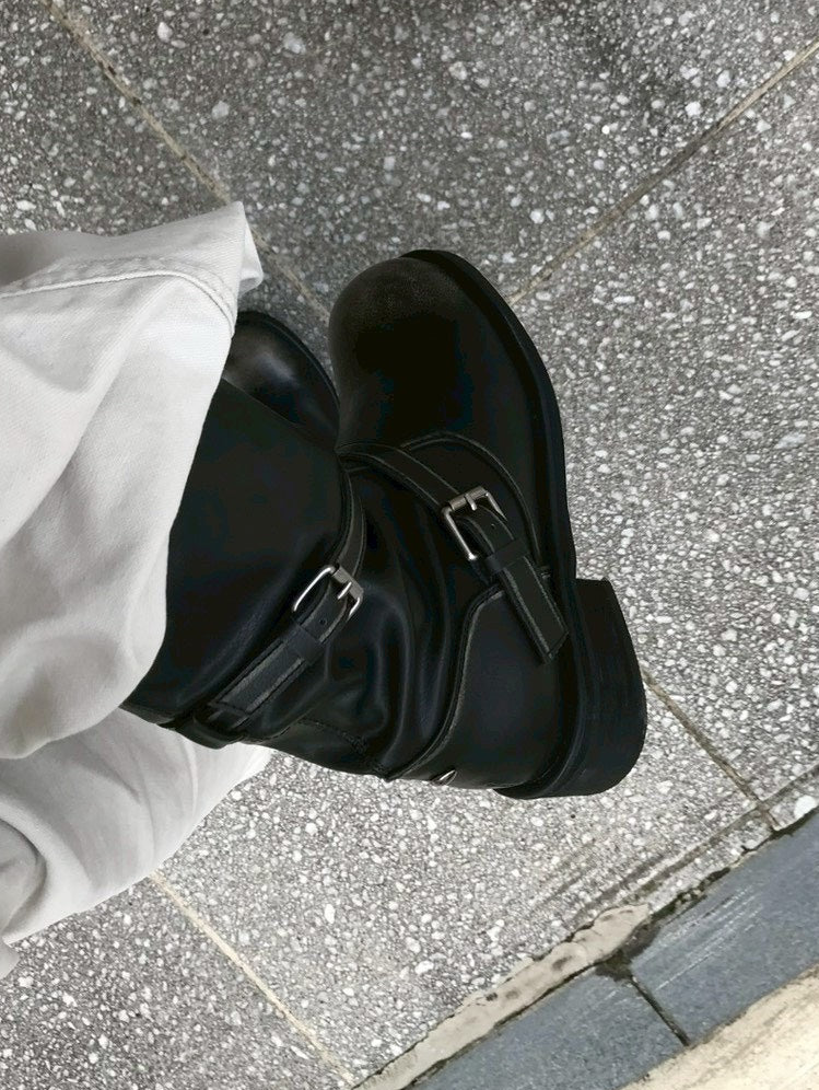 受注制【OaKS】vintage wash 2-belt biker boots