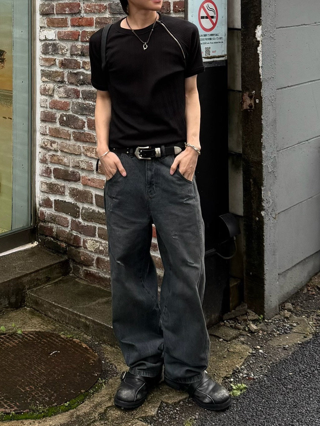 受注制【Chikashitsu +】side half zip t-shirt (4color)