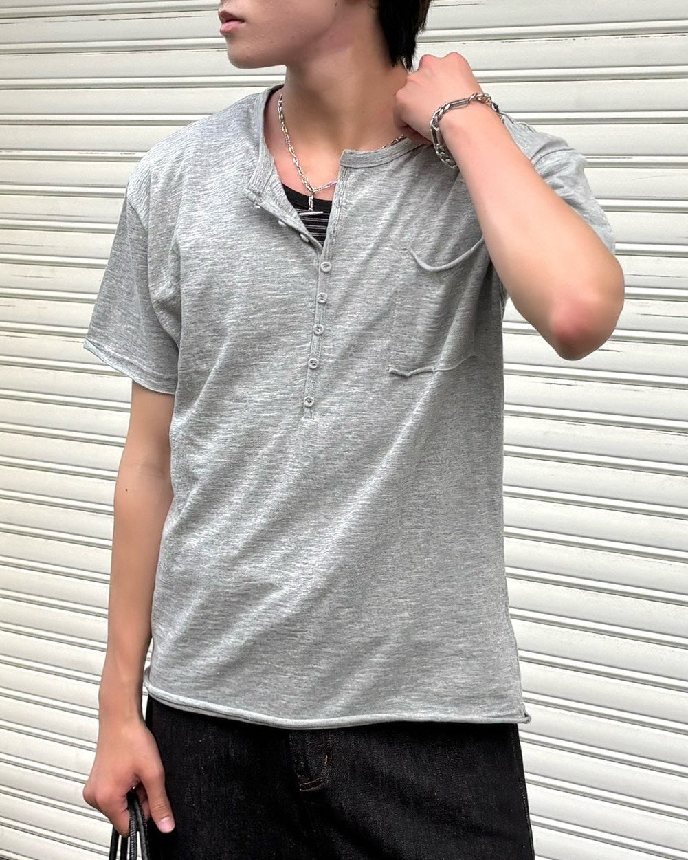 受注制【Chikashitsu +】button slub henley neck t-shirt (4color)