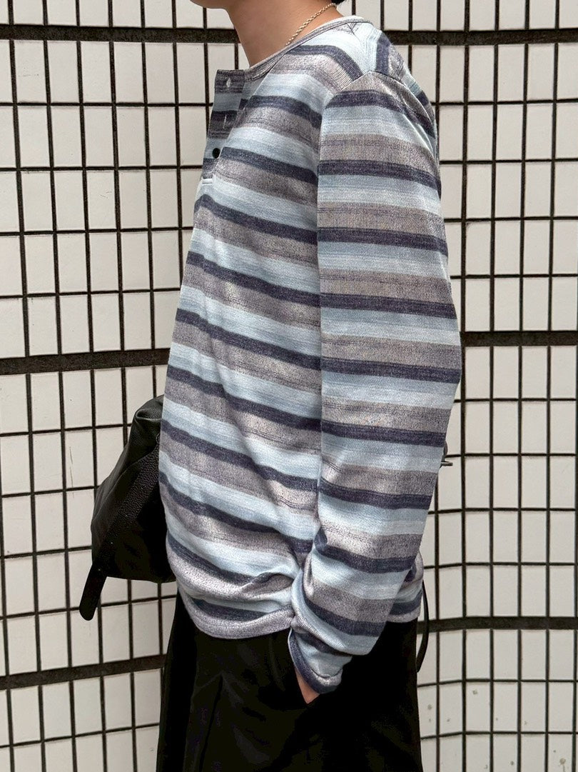 受注制【Chikashitsu +】multi border henley long tee