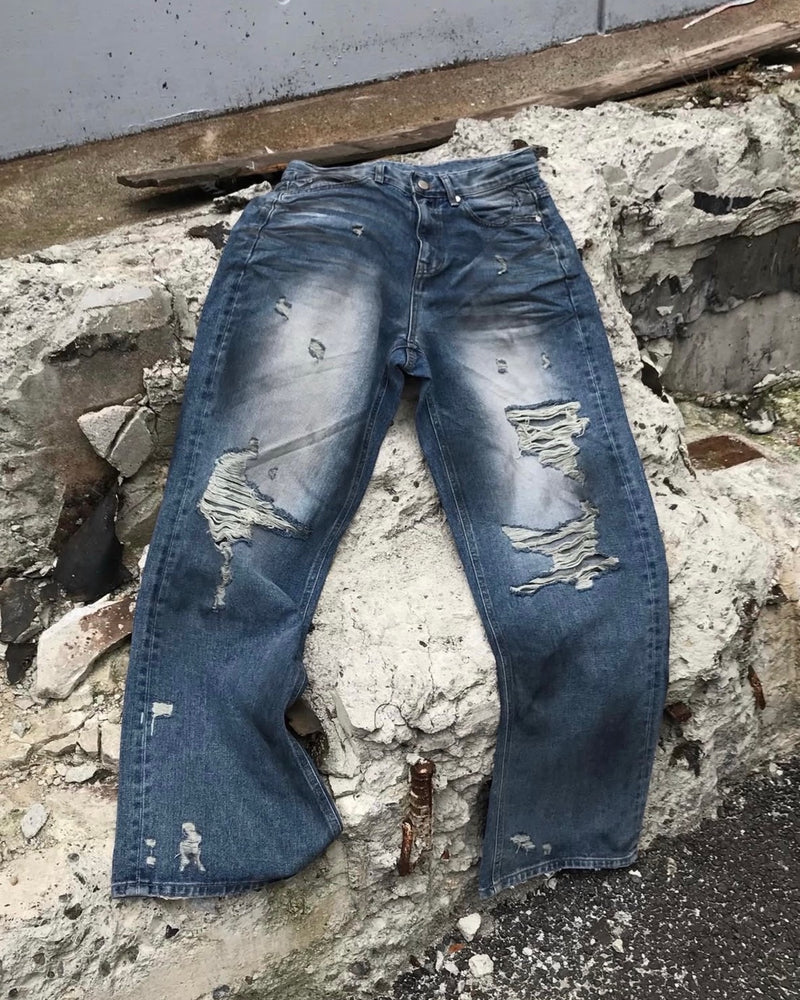受注制【OaKS】super-destroyed damage wide denim pants