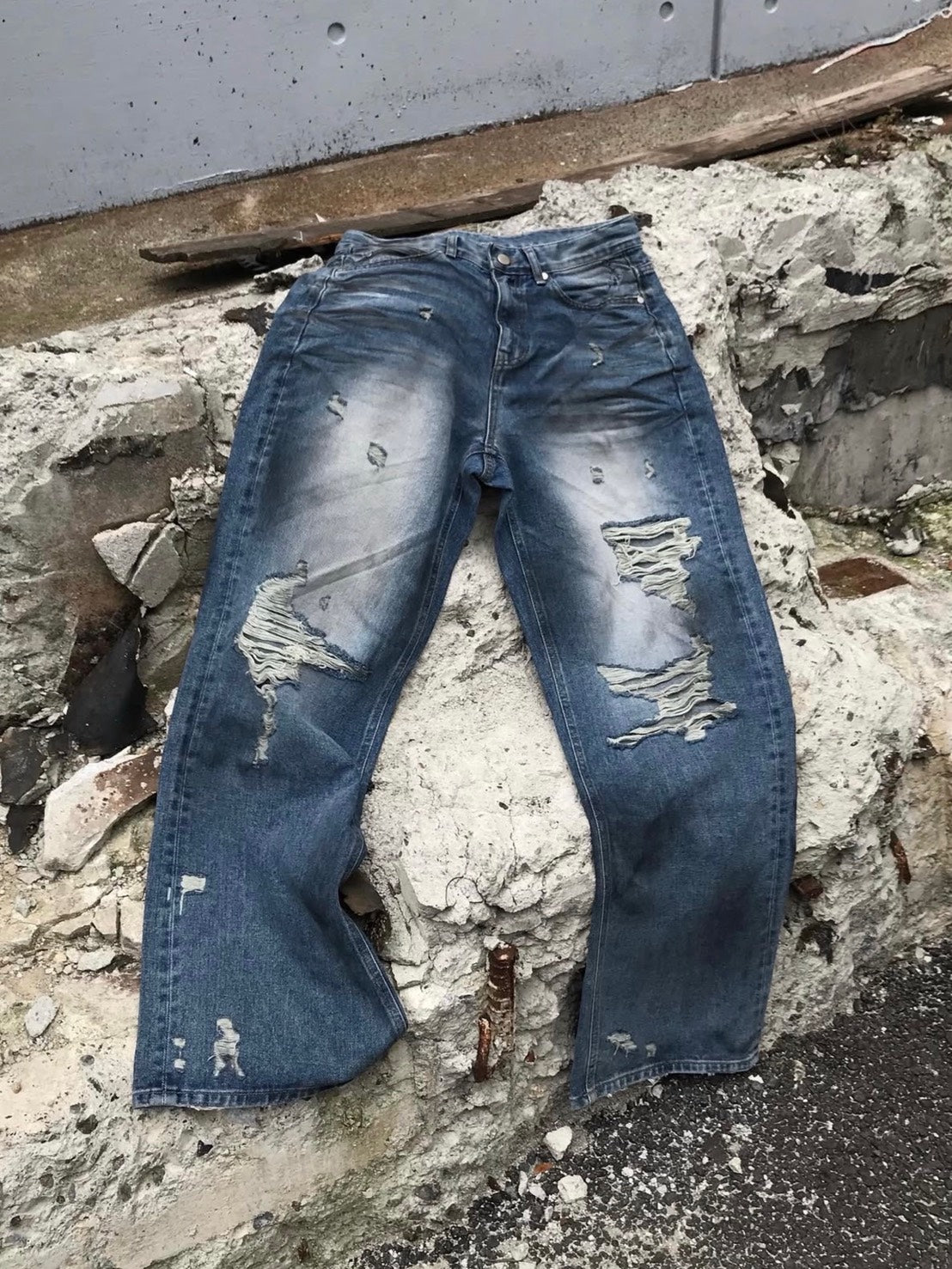 受注制【OaKS】super-destroyed damage wide denim pants