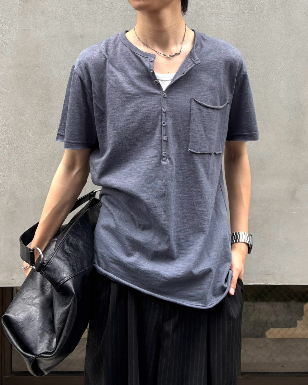 受注制【Chikashitsu +】button slub henley neck t-shirt (4color)
