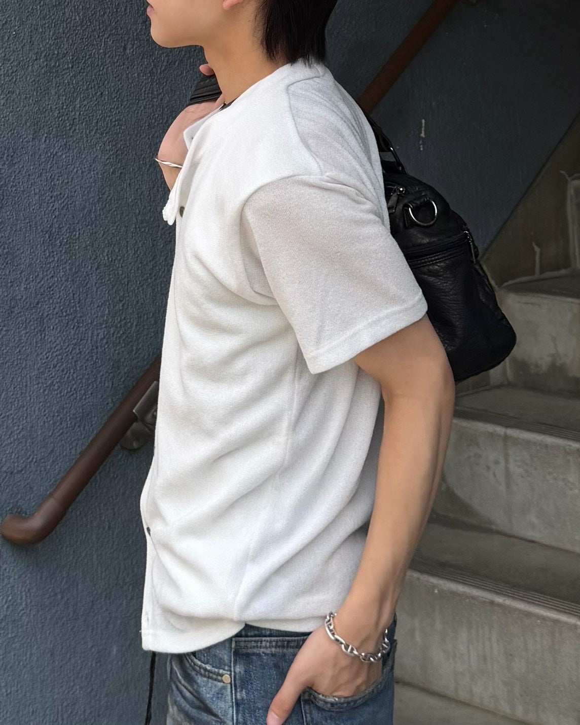 受注制【Chikashitsu +】sleek layered button half sleeve tee (4color)