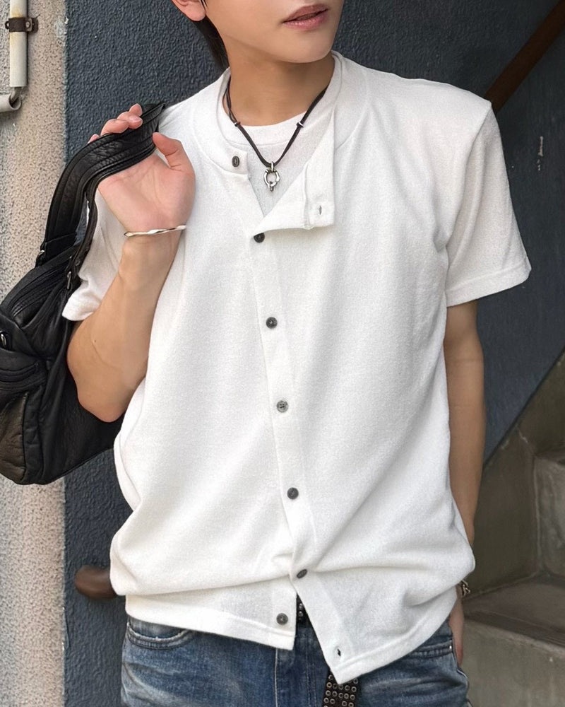 受注制【Chikashitsu +】sleek layered button half sleeve tee (4color)