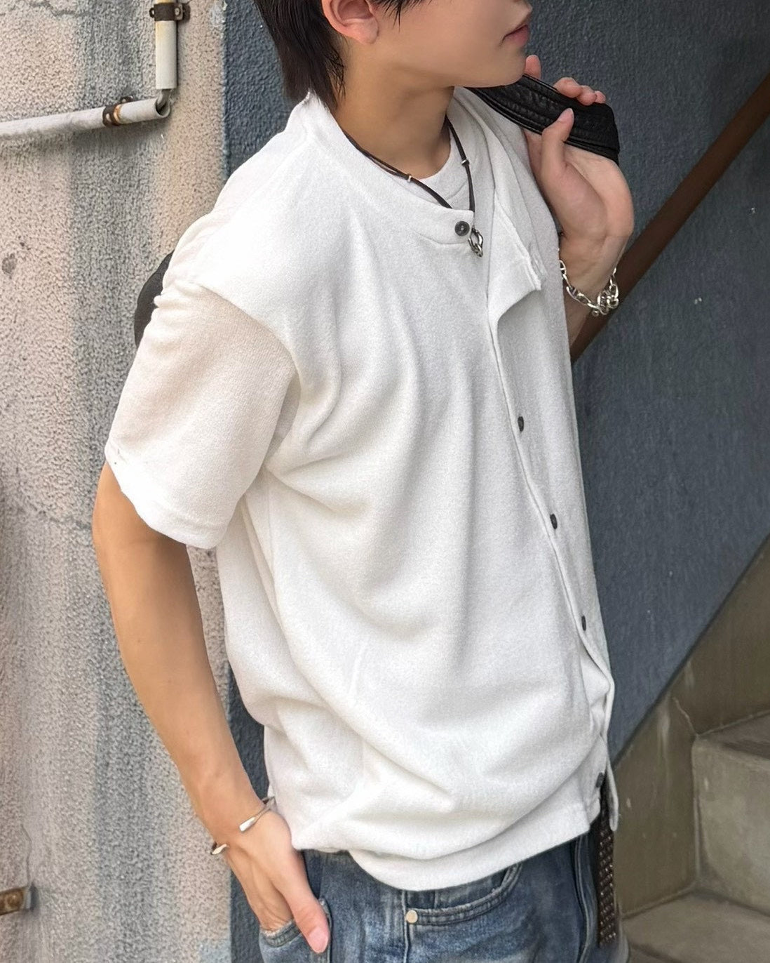 受注制【Chikashitsu +】sleek layered button half sleeve tee (4color)