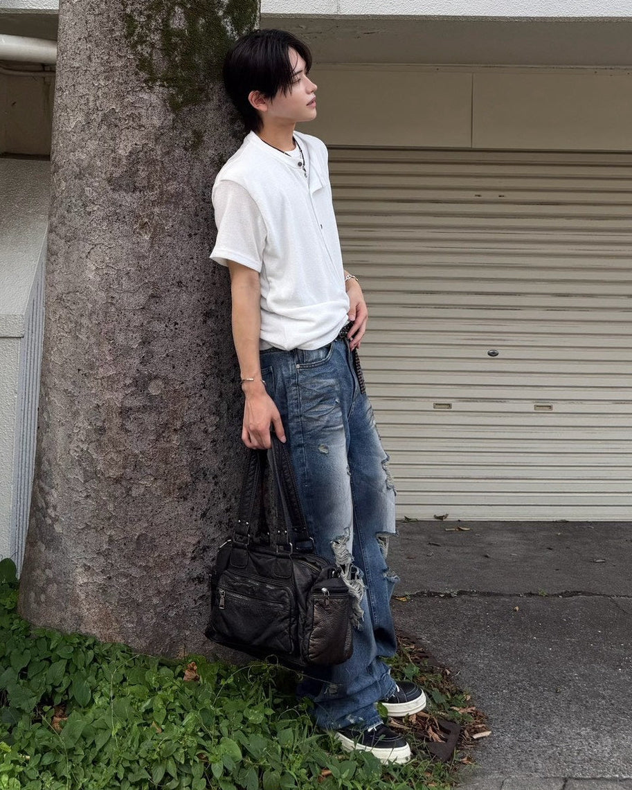 受注制【Chikashitsu +】sleek layered button half sleeve tee (4color)
