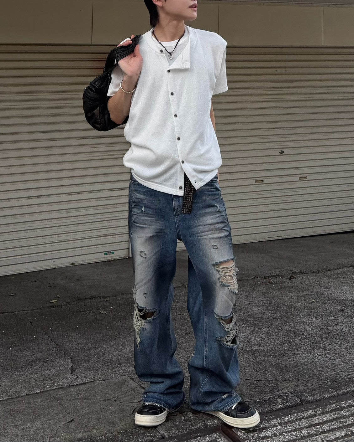 受注制【Chikashitsu +】sleek layered button half sleeve tee (4color)