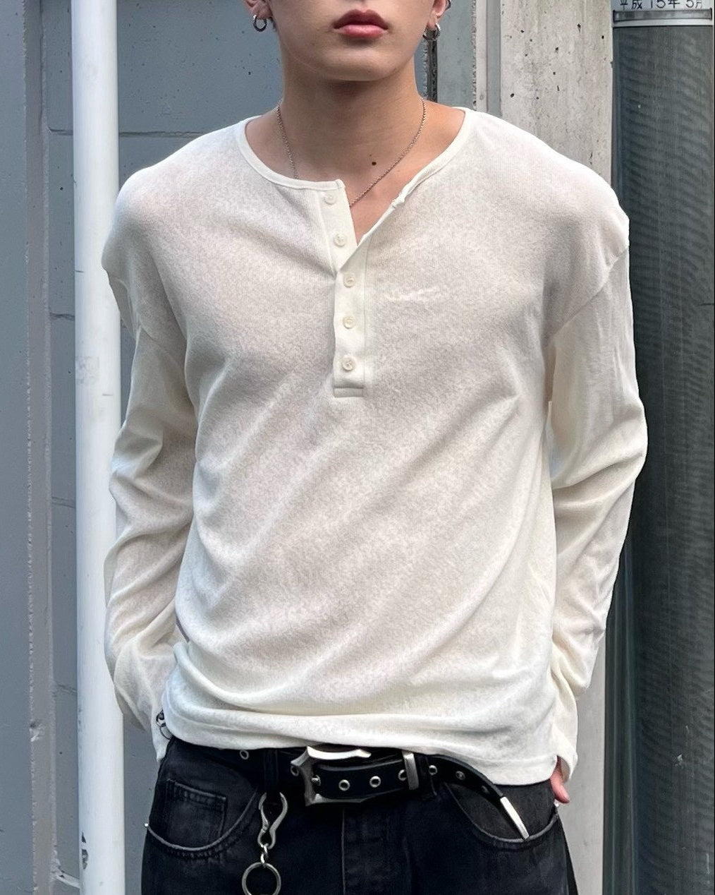 受注制【Chikashitsu +】sheer henley long sleeve tee (5color)