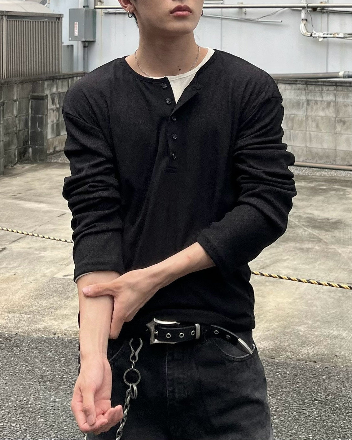 受注制【Chikashitsu +】sheer henley long sleeve tee (5color)