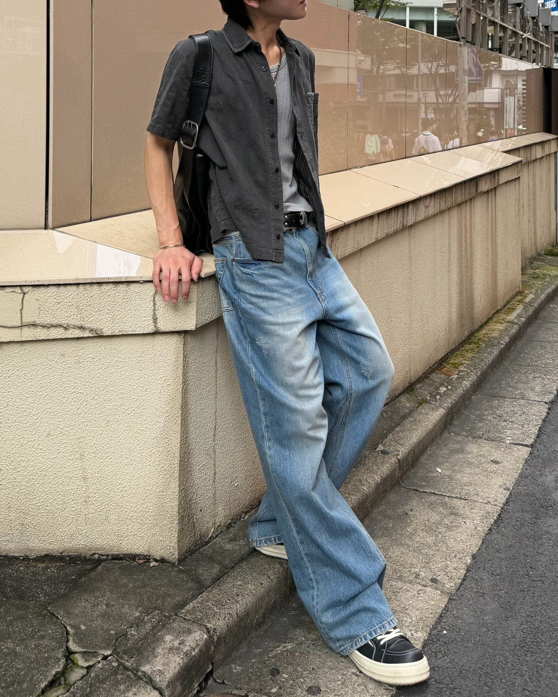 受注制【Chikashitsu +】pigment cut off half sleeve shirt (2color)