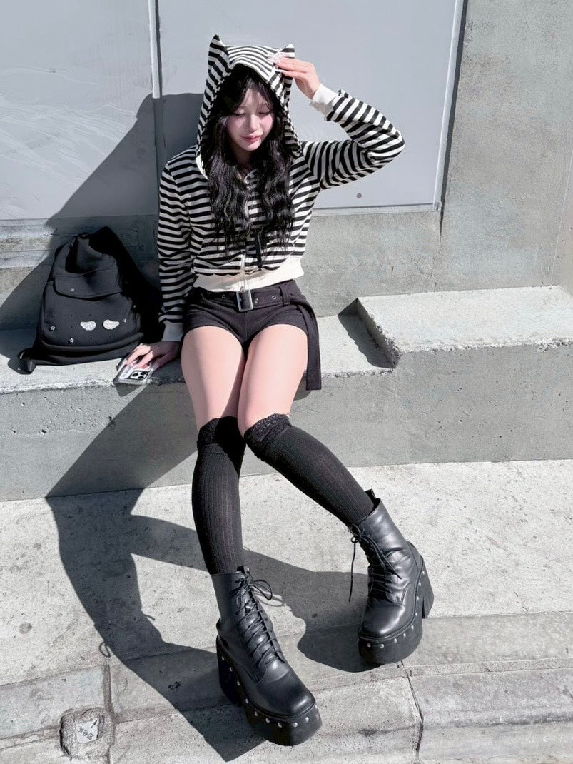 3/1 20:00発売 受注制【nmtc +】border horn zip up hoodie / 【エヌエムティーシープラス】ボーダーホーンジップアップパーカー (2color)