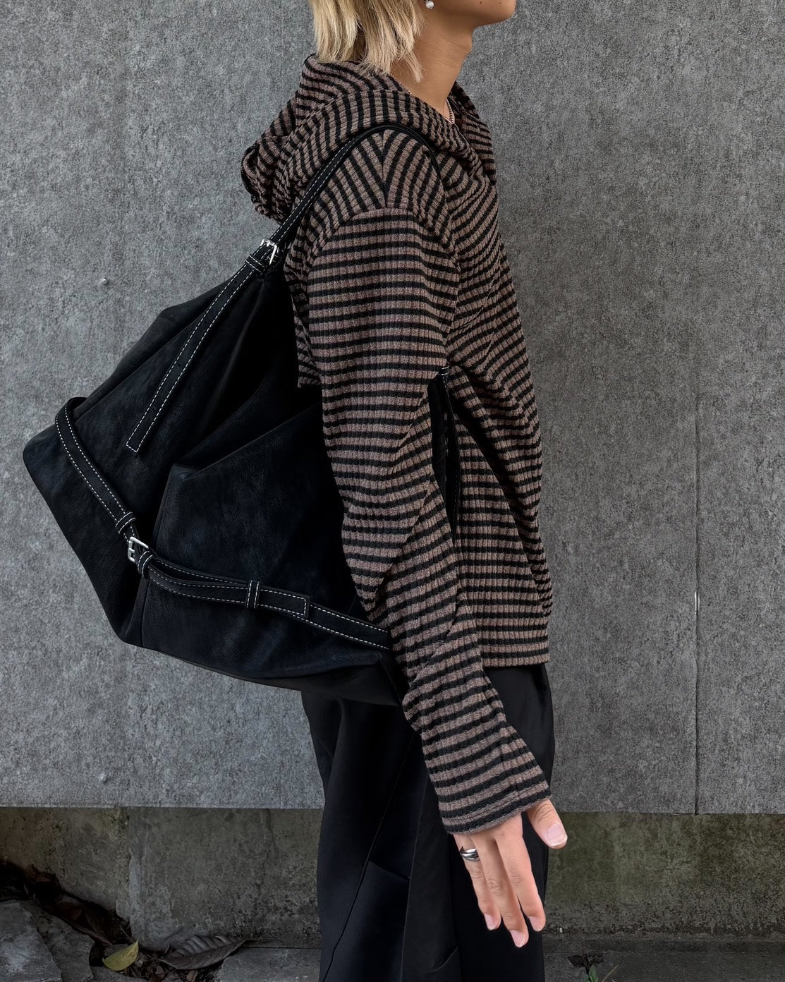 受注制【Chikashitsu +】henley neck border hoodie (3color)