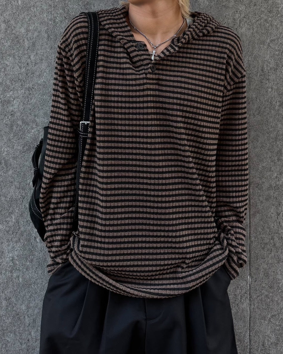 受注制【Chikashitsu +】henley neck border hoodie (3color)