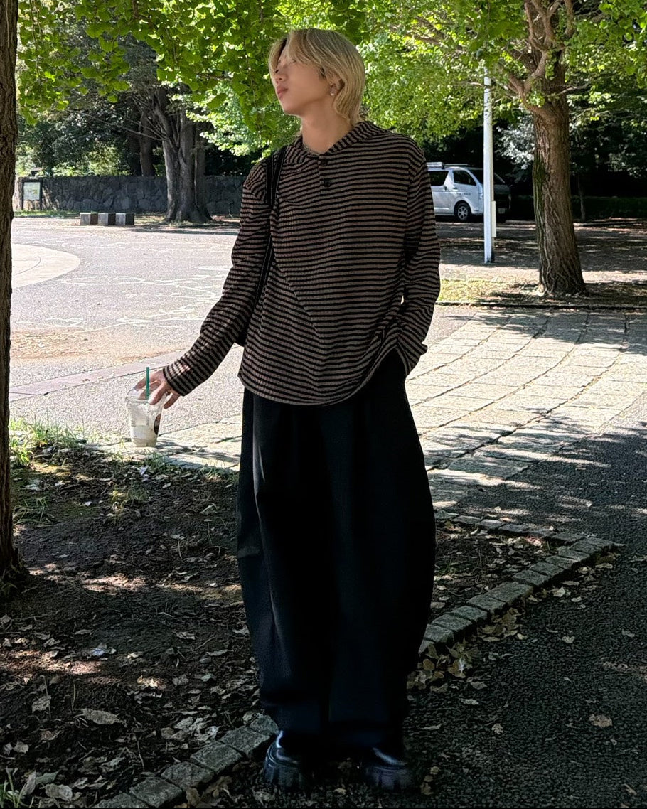 受注制【Chikashitsu +】henley neck border hoodie (3color)