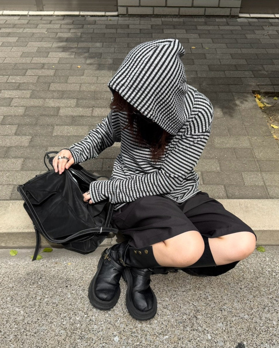 受注制【Chikashitsu +】henley neck border hoodie (3color)