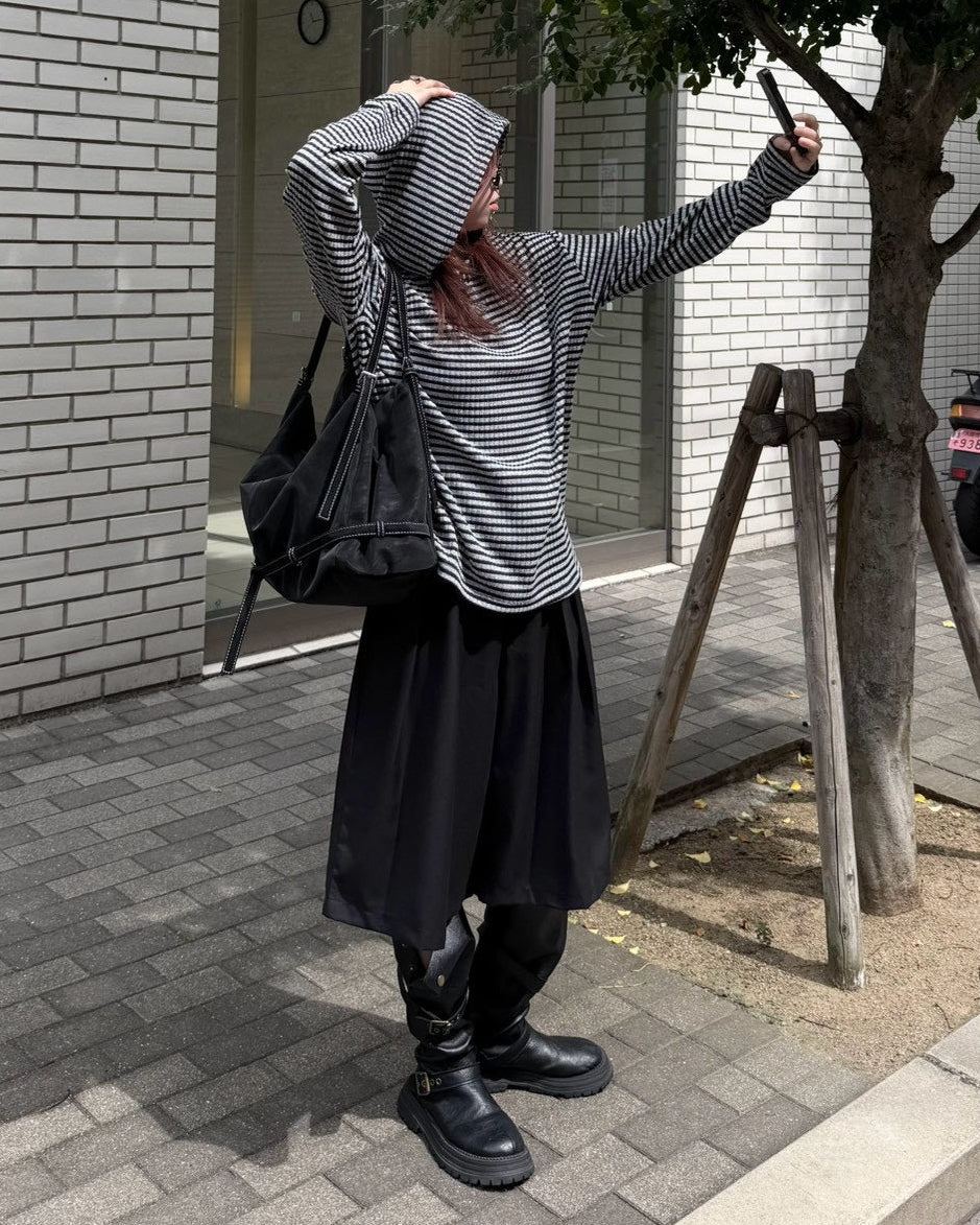受注制【Chikashitsu +】henley neck border hoodie (3color)