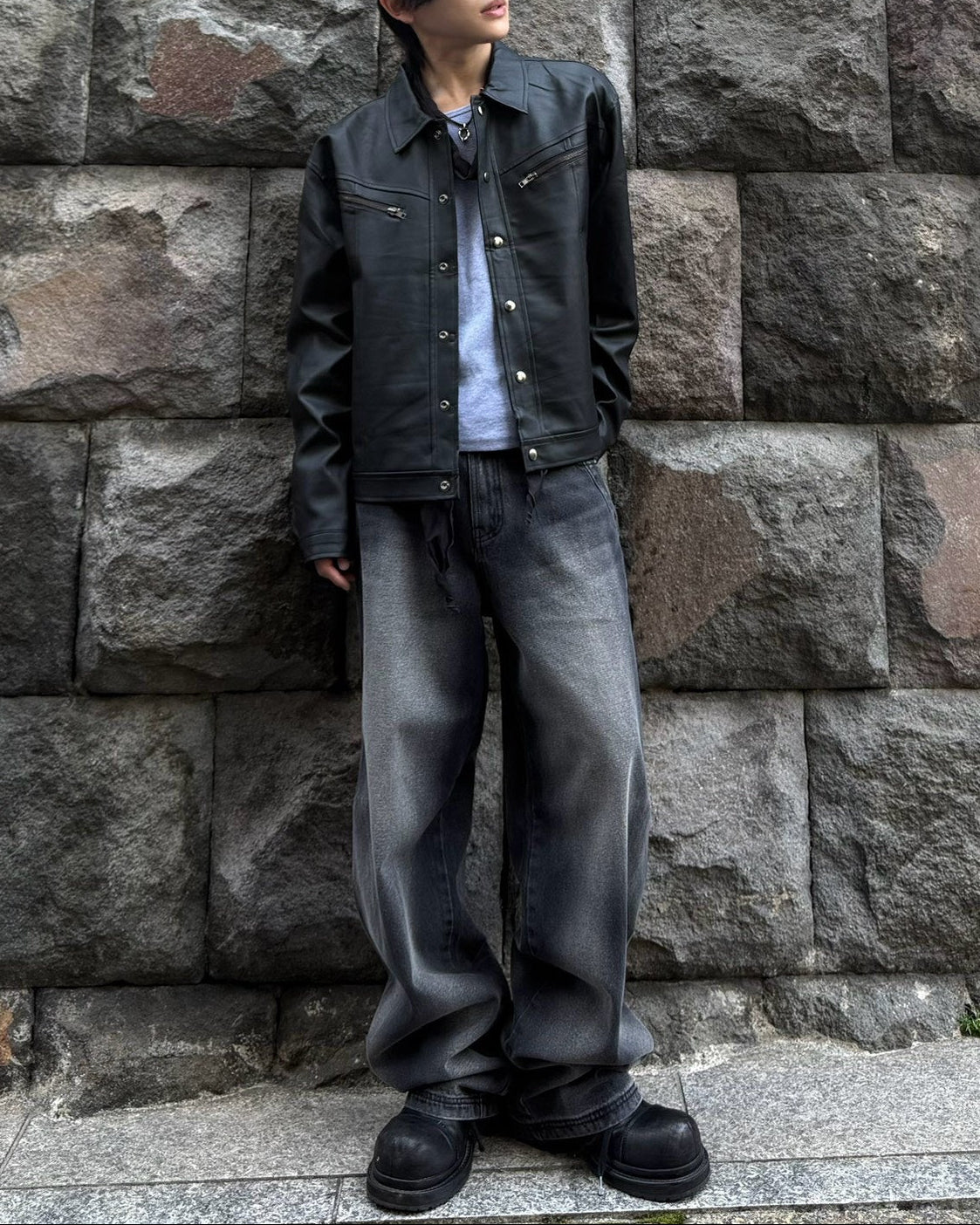 受注制【Chikashitsu +】zipper synthetic leather jacket