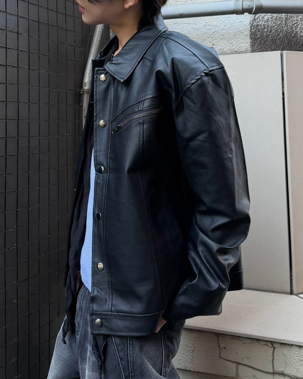 受注制【Chikashitsu +】zipper synthetic leather jacket