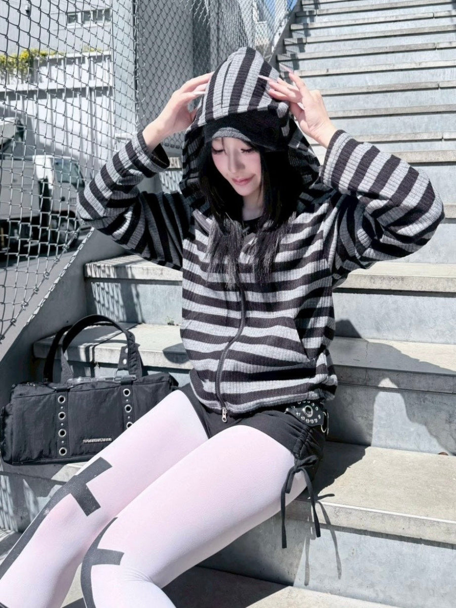 受注制【nmtc+】border crop double zip up hoodie (2color)