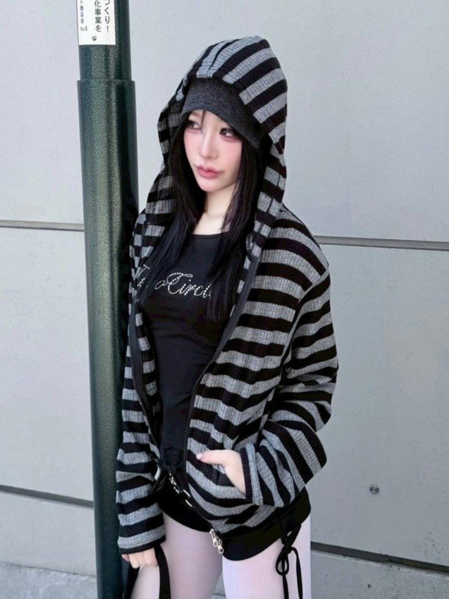 受注制【nmtc+】border crop double zip up hoodie (2color)