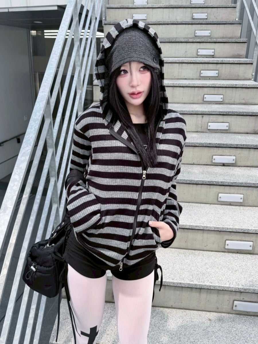 受注制【nmtc+】border crop double zip up hoodie (2color)