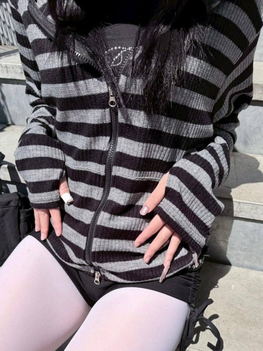 受注制【nmtc+】border crop double zip up hoodie (2color)