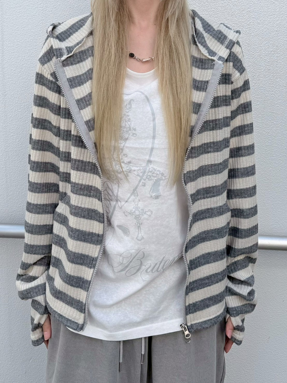 受注制【nmtc+】border crop double zip up hoodie (2color)