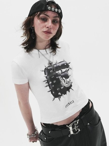 【E RIN AI E】STUD BOLD E CROP SHORT SLEEVE T