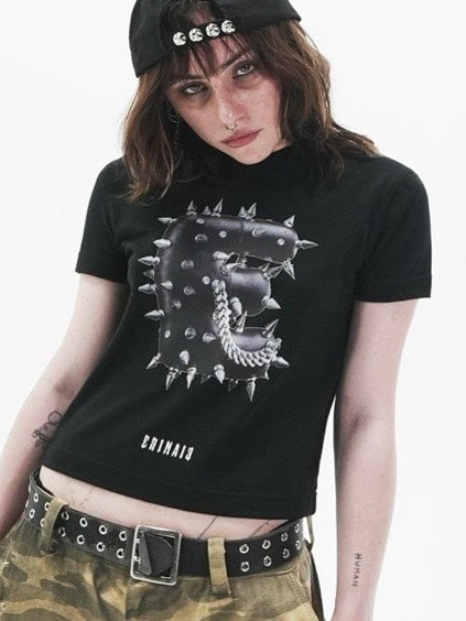 【E RIN AI E】STUD BOLD E CROP SHORT SLEEVE T