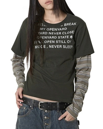 【OY】NEVER SLEEP STRIPE LAYERED L/S TEE