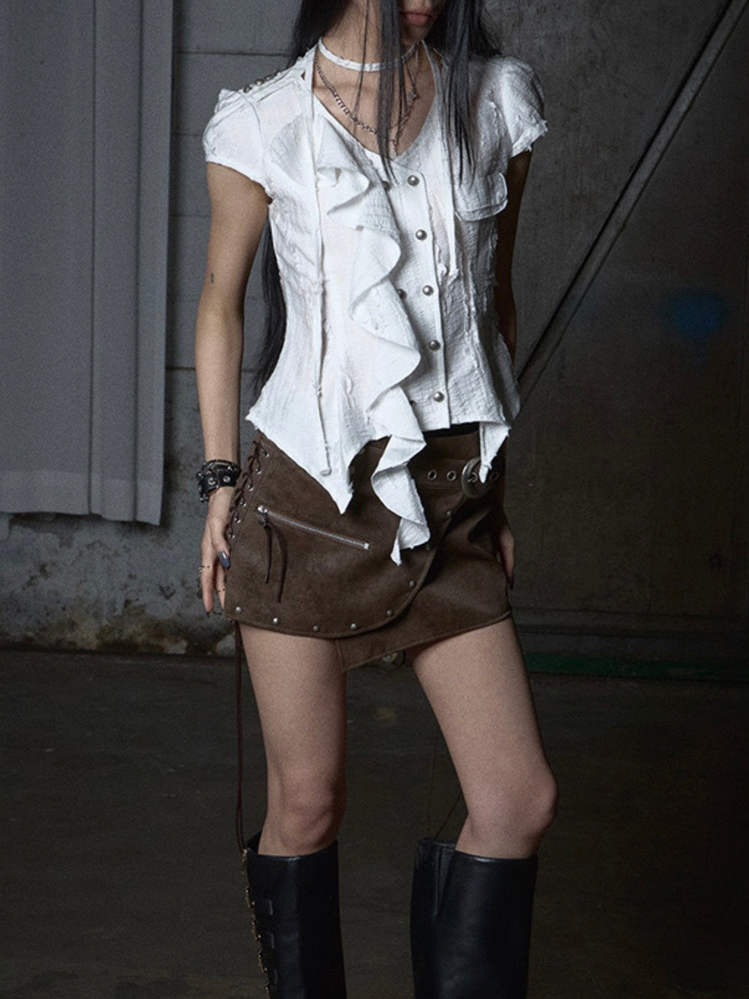 【NOT KNOWING】Stud Lace-Up Wrap Skirt